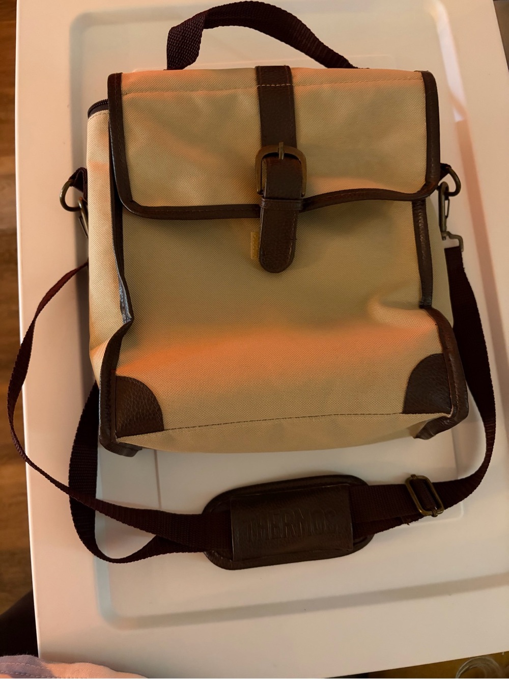Thermos Beige and Brown Canvas Messenger Shoulder Bag